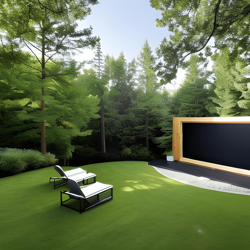 Two lounge chairs sit on a lush green lawn with trees in the background