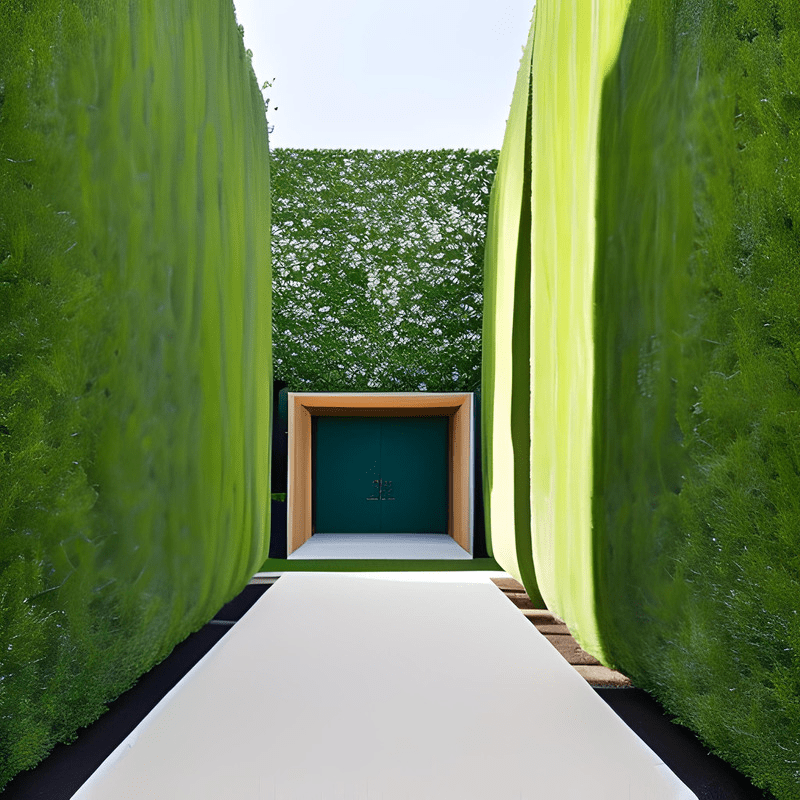 A green door is surrounded by a lush green hedge