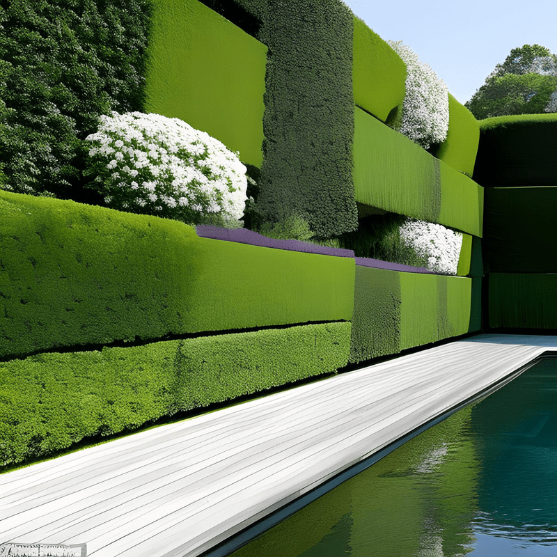 A swimming pool surrounded by a lush green hedge