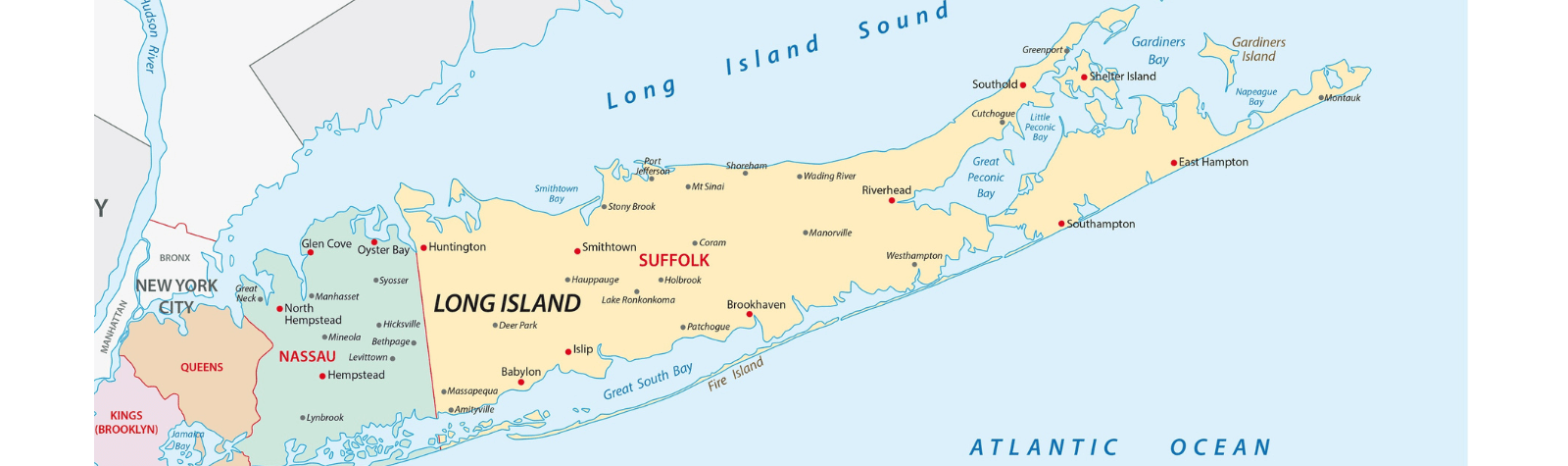 A map of long island is shown on a white background.