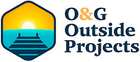 Logo for O&G Outside Projects, a graphic of a pier in water with a sunset inside a hexagon.