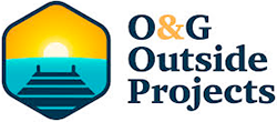Logo for O&G Outside Projects, a graphic of a pier in water with a sunset inside a hexagon.