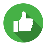 A thumbs up icon with a long shadow in a green circle.