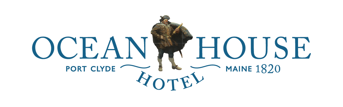 Ocean House Hotel logo with blue text, black bear graphic, and small “Port Clyde, Maine 1820” text