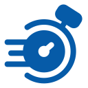 A blue and white icon of a stopwatch on a white background.