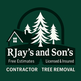 Green logo: House, trees, "RJay's and Son's" text, "Free Estimates", "Licensed & Insured", "Contractor", "Tree Removal".