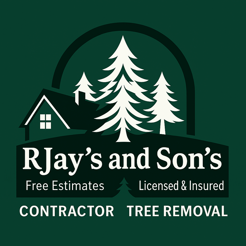 Green logo: House, trees, "RJay's and Son's" text, "Free Estimates", "Licensed & Insured", "Contractor", "Tree Removal".