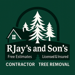 Green logo: House, trees, "RJay's and Son's" text, "Free Estimates", "Licensed & Insured", "Contractor", "Tree Removal".