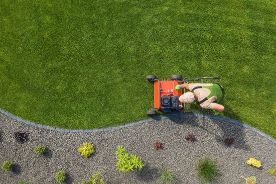 Person mowing lawn with an orange mower on a sunny day; gravel border with plants.