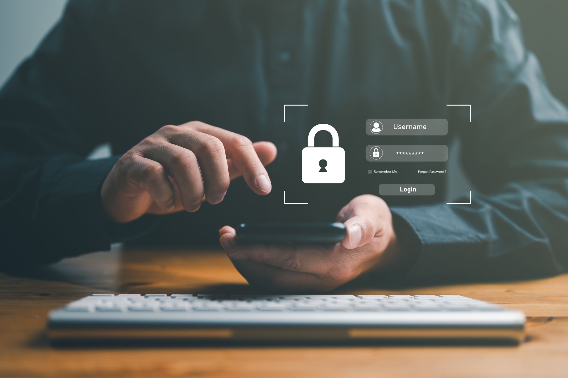 Man holding mobile phone above desktop keyboard. Login credentials and security lock icon.