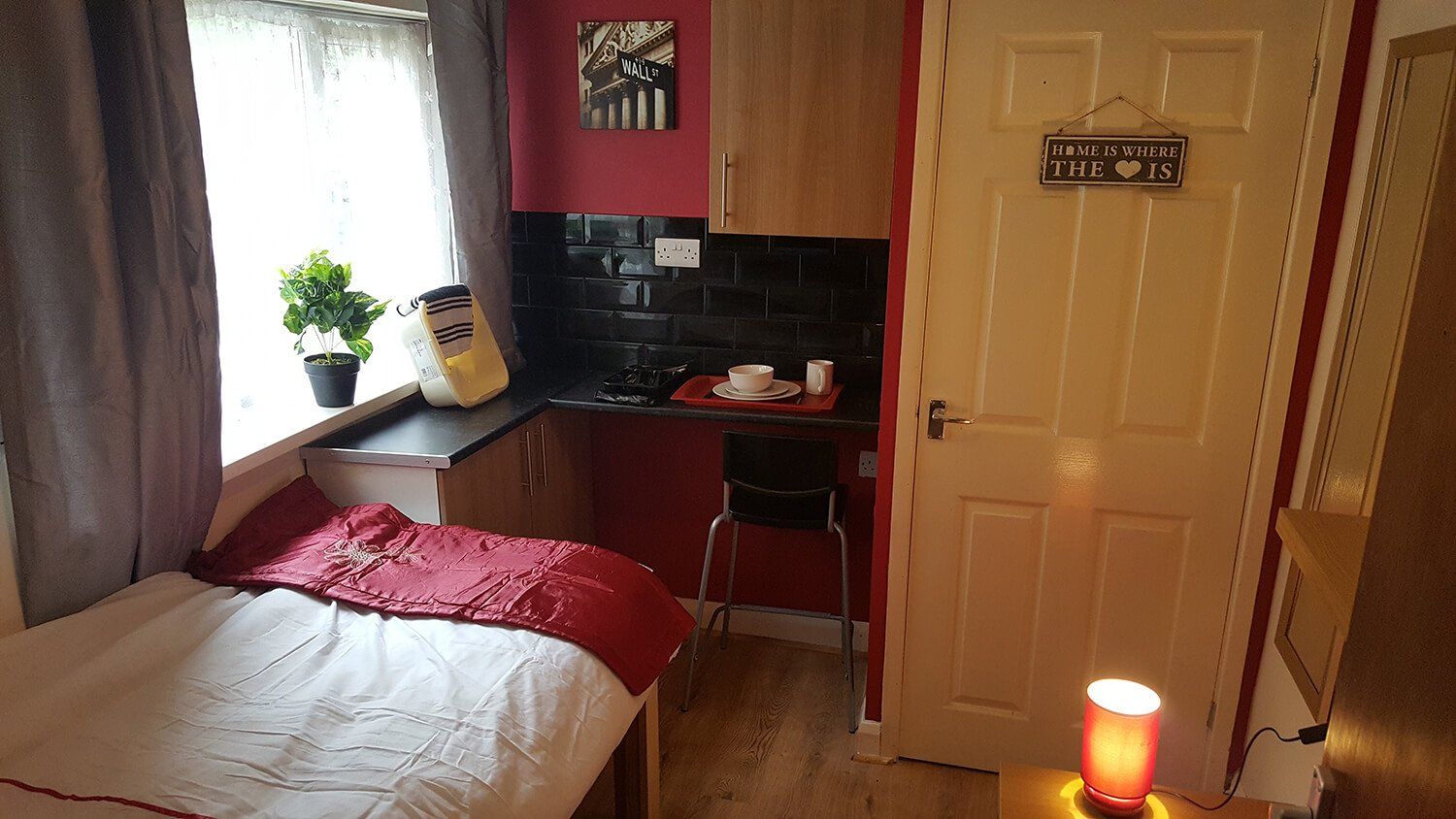 warm room with message on the door