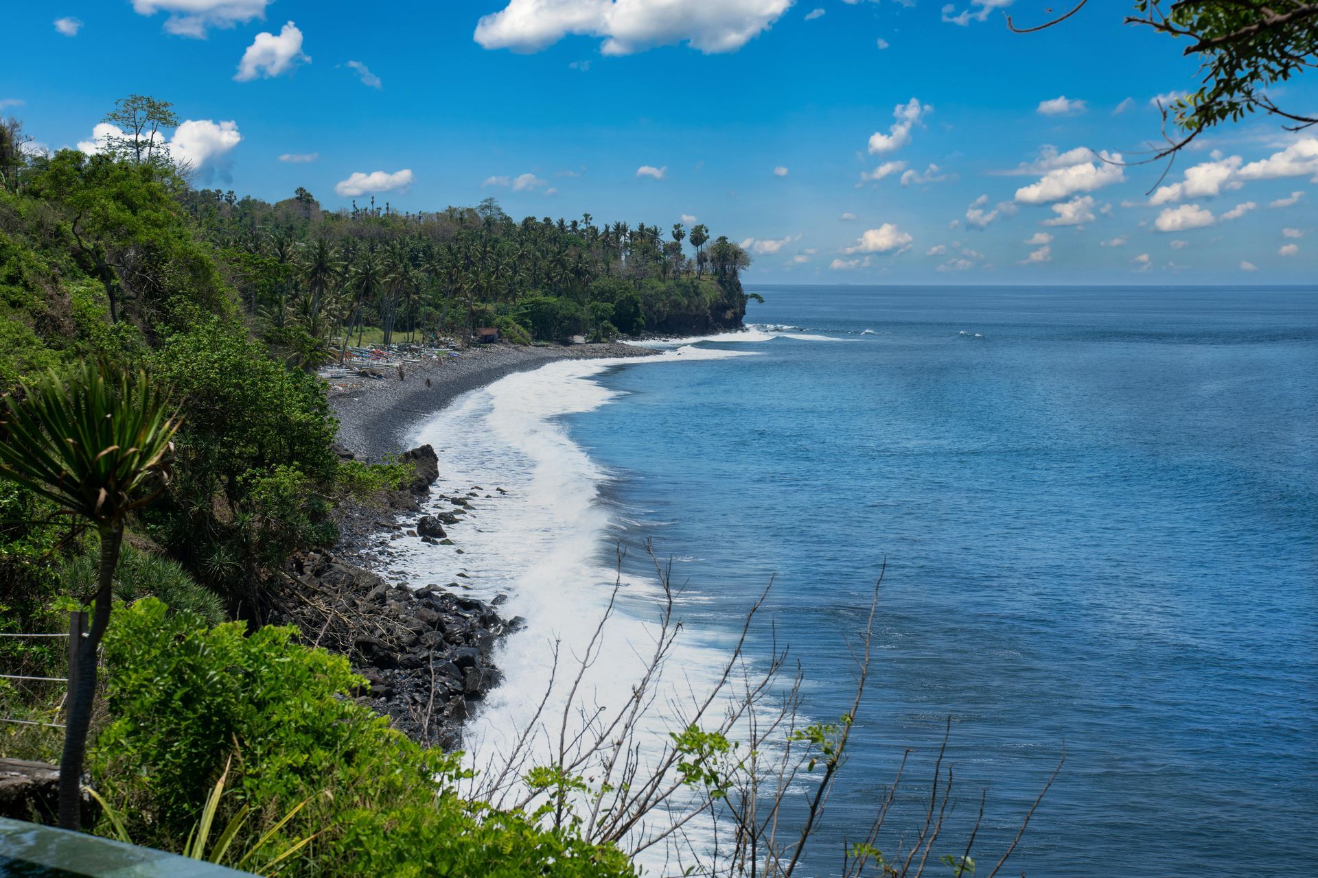 Tropical coastline with blue ocean, rocky shore, lush green trees, and a partly cloudy sky