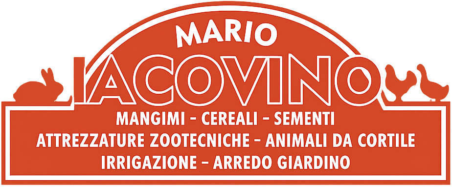 Logo per Mario Iacovino, un negozio italiano di forniture agricole. Presenta un coniglio, delle galline e del testo su sfondo arancione.