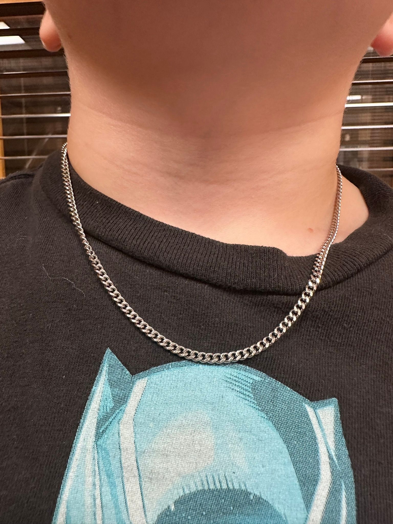 Person wearing a silver chain necklace, against a gray shirt with a light blue design.