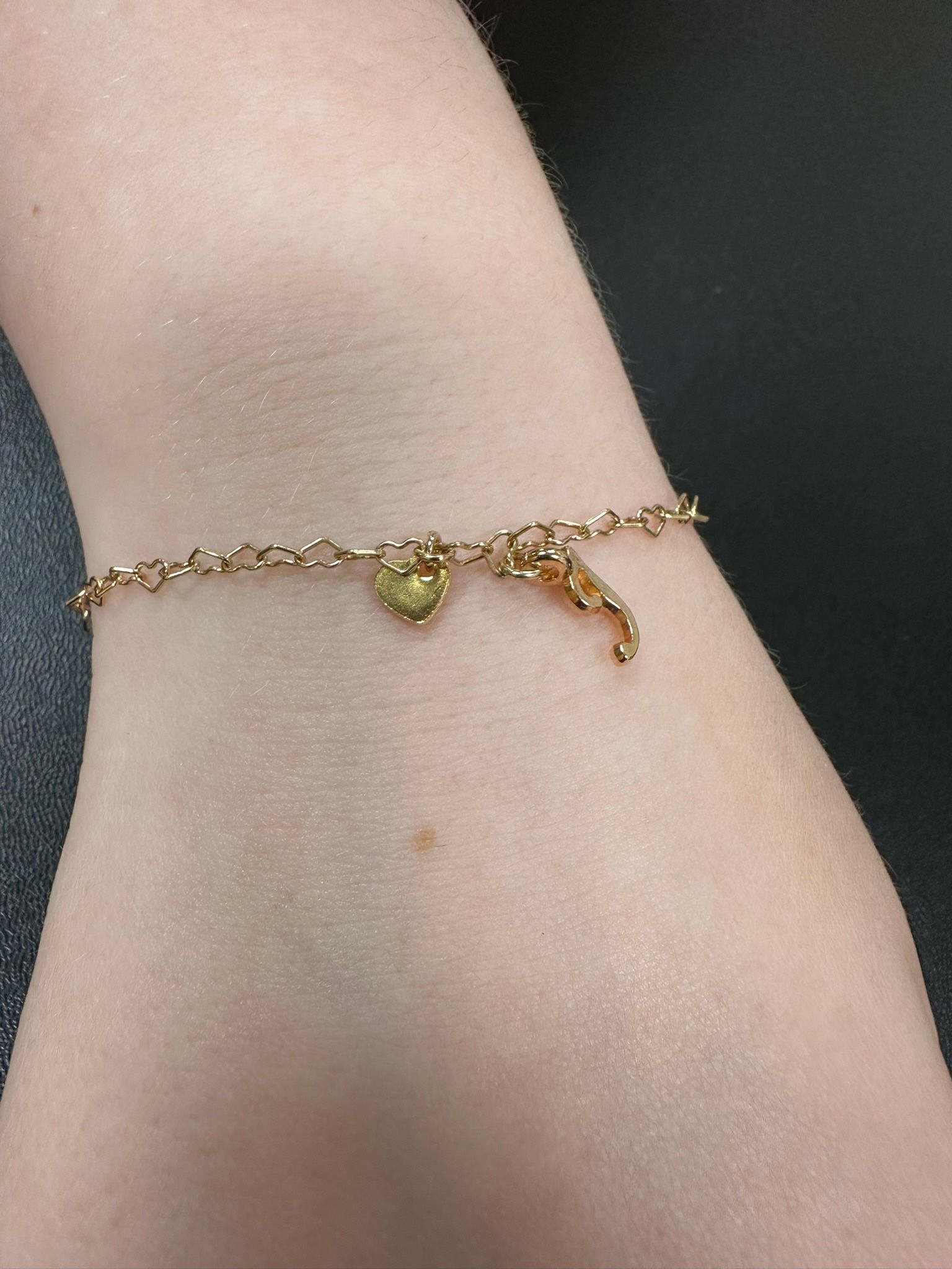 A gold charm bracelet with a heart and cat charm on a wrist.