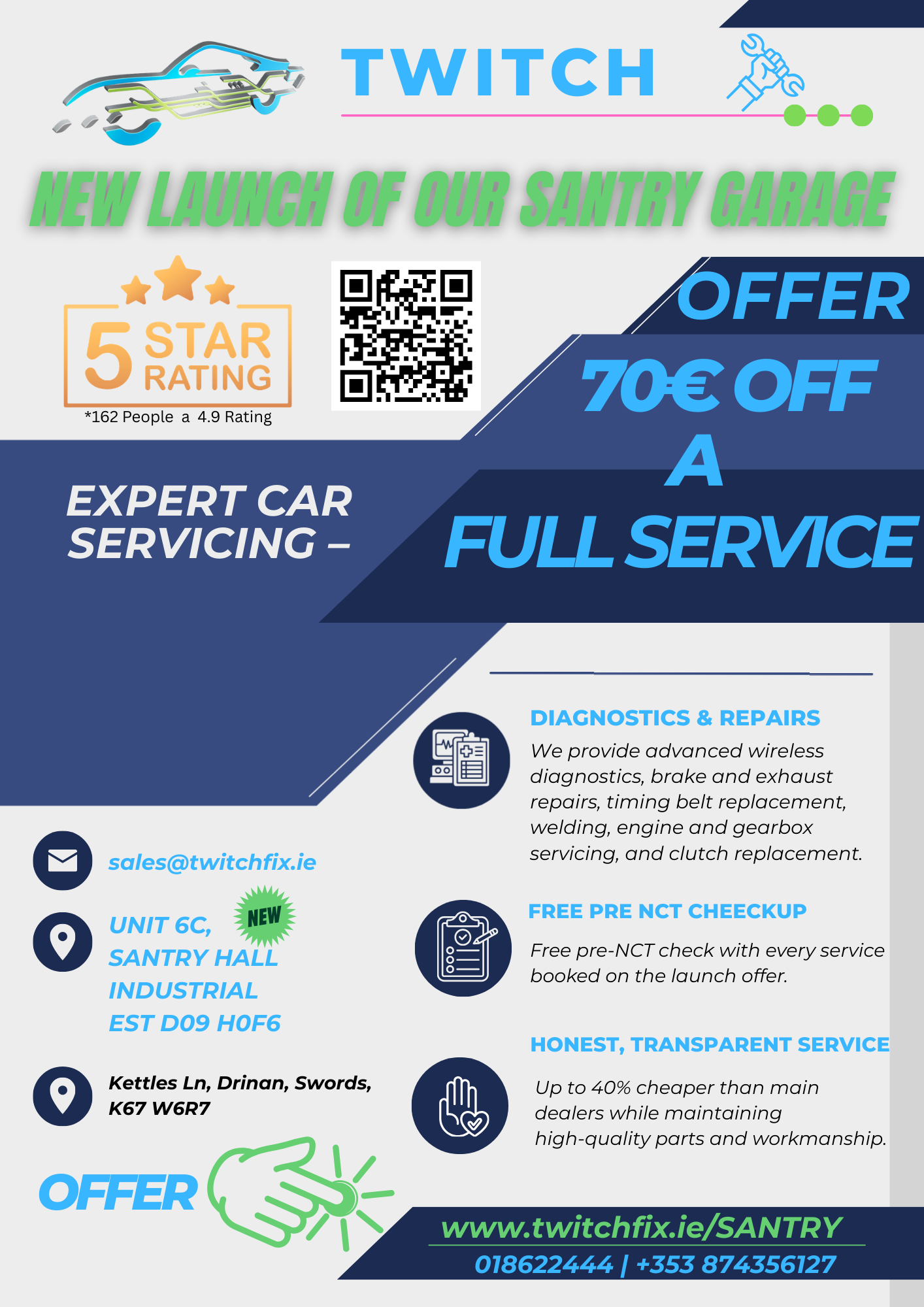 Flyer for Twitch Santry Garage offering 70€ off full car service, with contact details, address, and service descriptions.