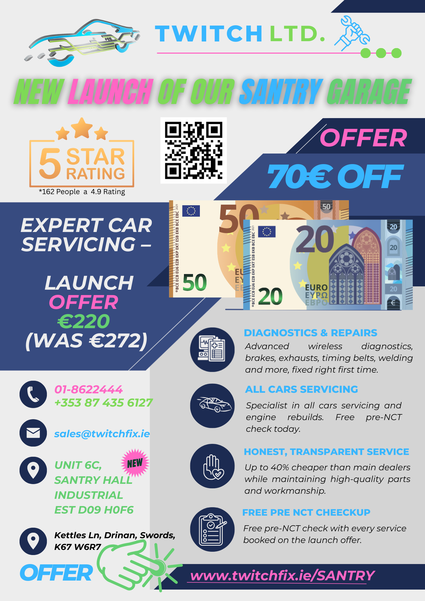 Twitch Fix Garage Santry launch flyer with 5-star rating, 70 euro off offer, and expert car services