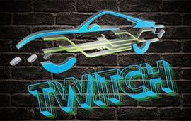A 3D graphic showing a blue and green stylized car silhouette over the word