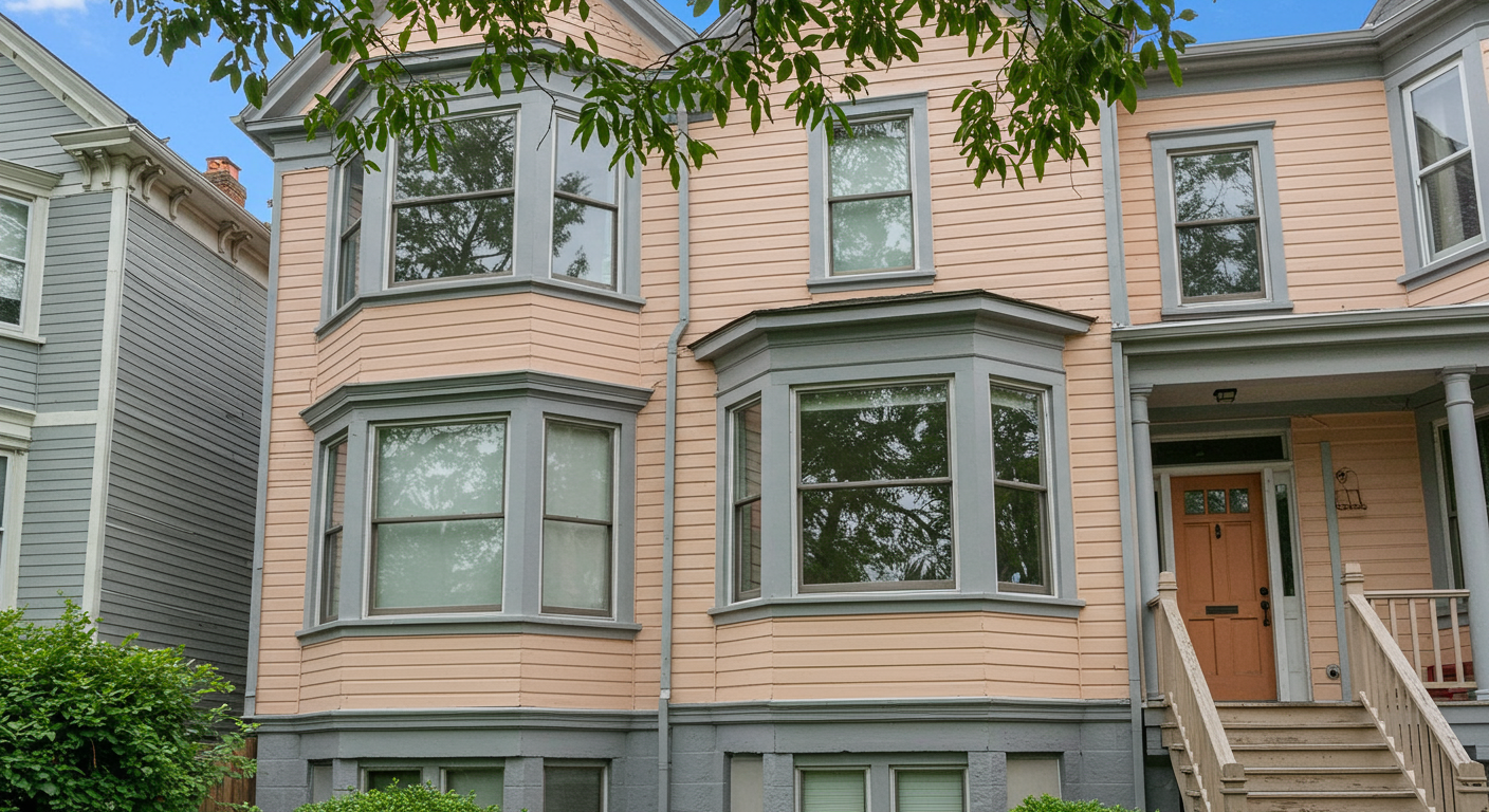 A two-story, peach-colored residential building with grey trim, bay windows, and a front staircase.