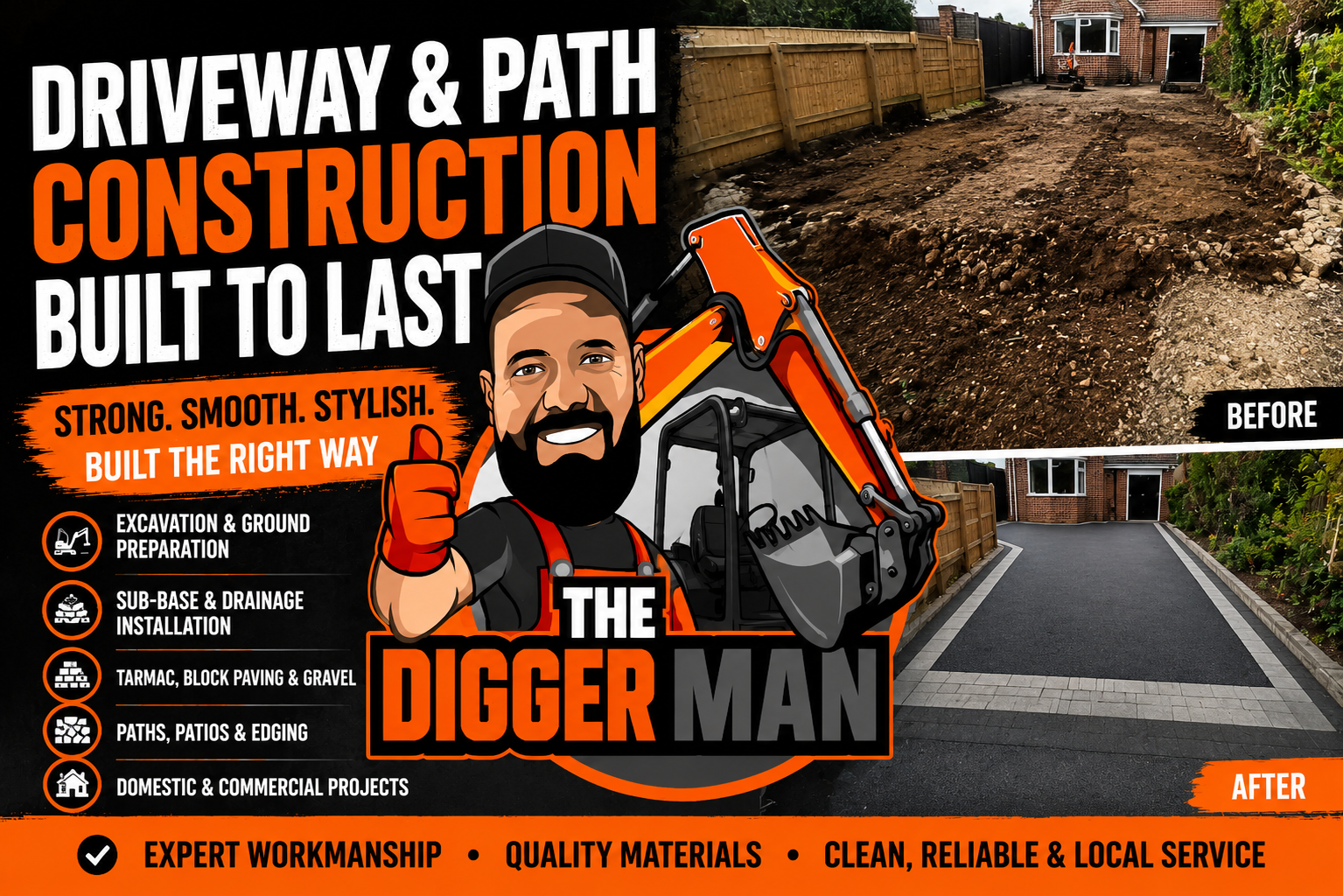 Driveway and path construction promo with excavator, worksite photos, and bold orange-black text saying 
