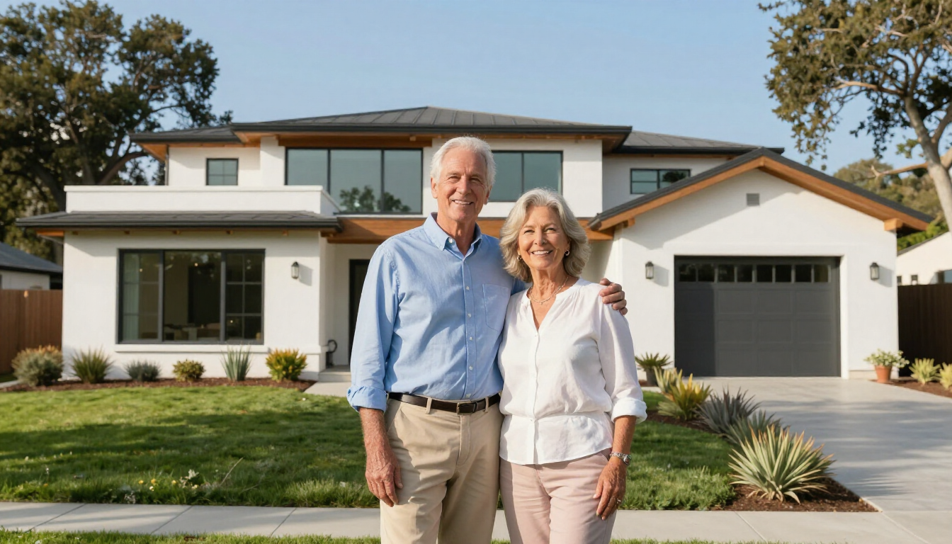 Senior couple smiling in front of their new home keys in hand