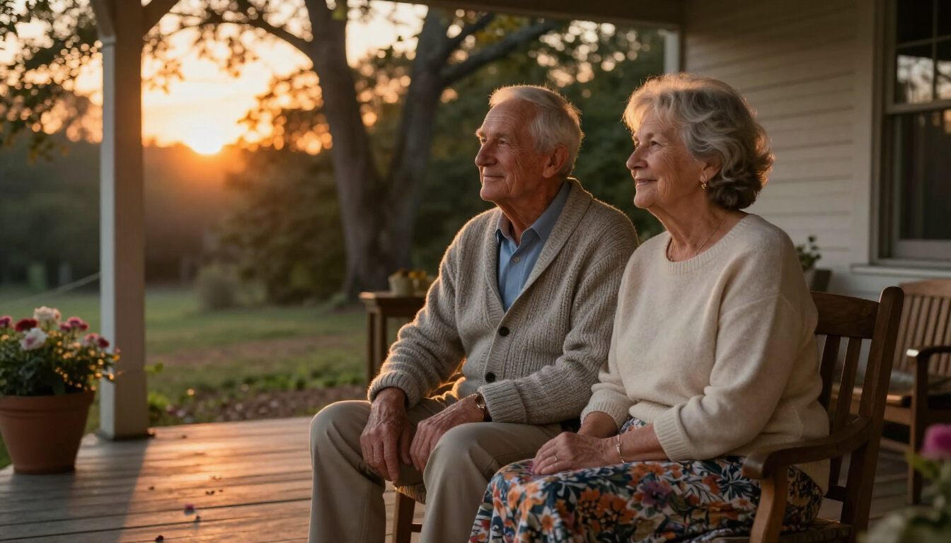 A peaceful senior couple sitting together on their porch at sunset, looking relieved and happy.