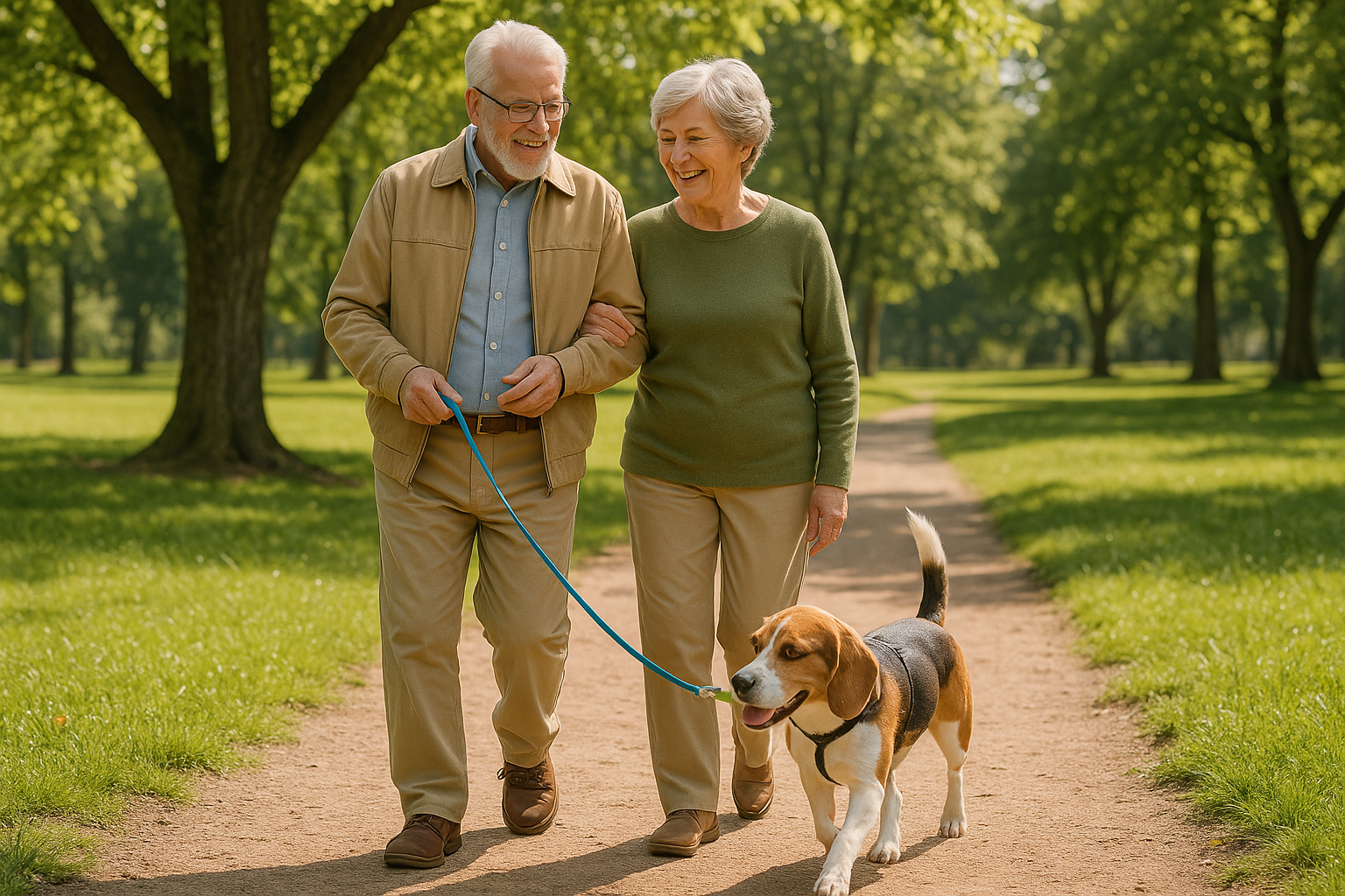 An elderly couple is walking a dog on a leash in a park.