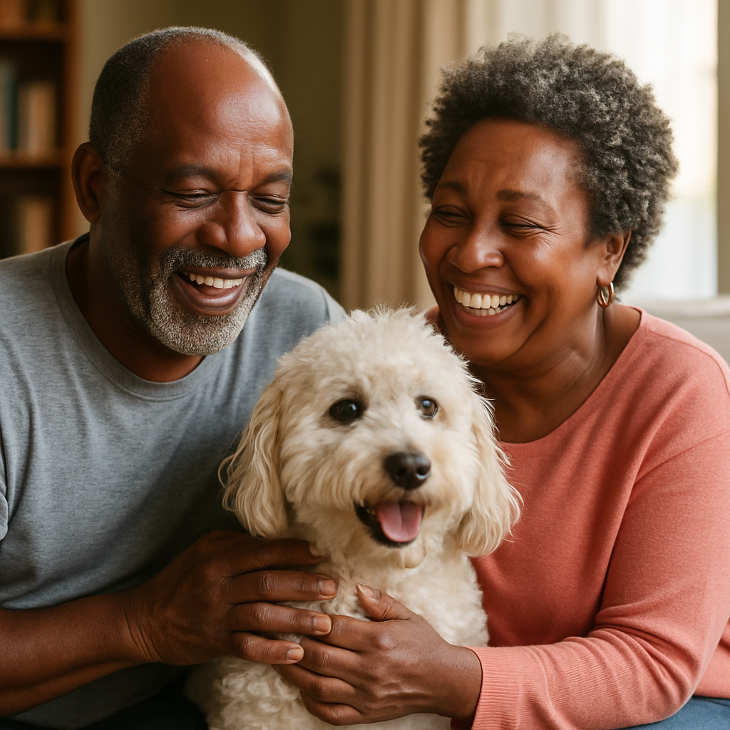 A man and woman are sitting on a couch holding a small white dog.
