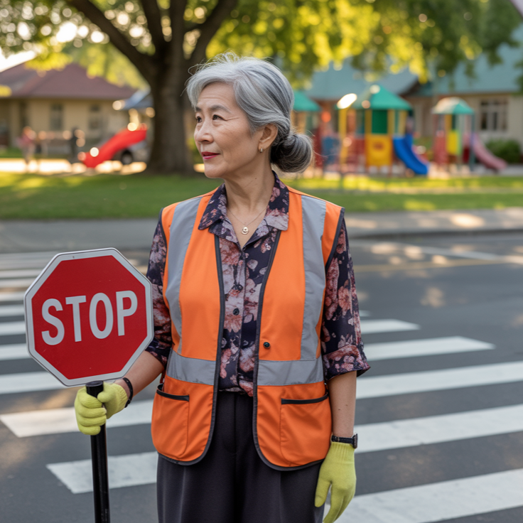 Older Asian woman school crossing guard holding a stop sign, wearing an orange vest, standing on a crosswalk near a playground.