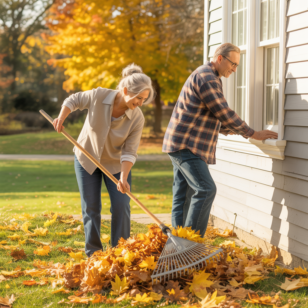 Elderly couple rakes leaves in front of a house in autumn; one rakes while the other cleans the window.