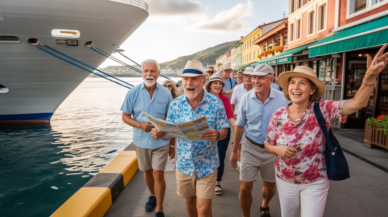 Group of people walking on a pier near a cruise ship, some looking at a map, pointing. Colorful buildings in the background.