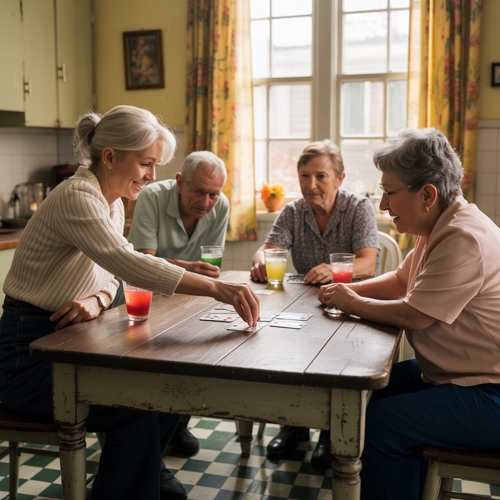 Four older adults playing cards at a kitchen table, drinking colorful beverages.