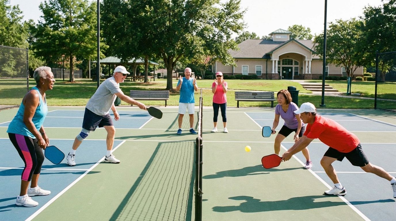 People playing pickleball outdoors on a court with a net, under a sunny sky.
