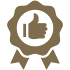 An orange ribbon with a thumbs up in the center