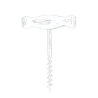 A black and white drawing of a corkscrew with a wooden handle.