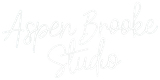 Aspen Brooke Studio logo in white script font on white background.