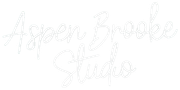 Aspen Brooke Studio logo in white script font on white background.