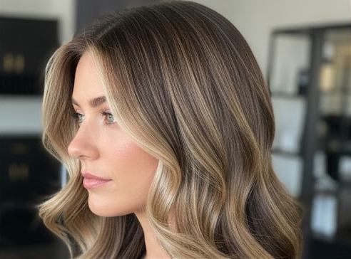 Woman with wavy brown hair with blonde highlights.
