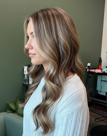 Woman with wavy highlighted hair, profile view. Wearing a white sweater, in a salon.