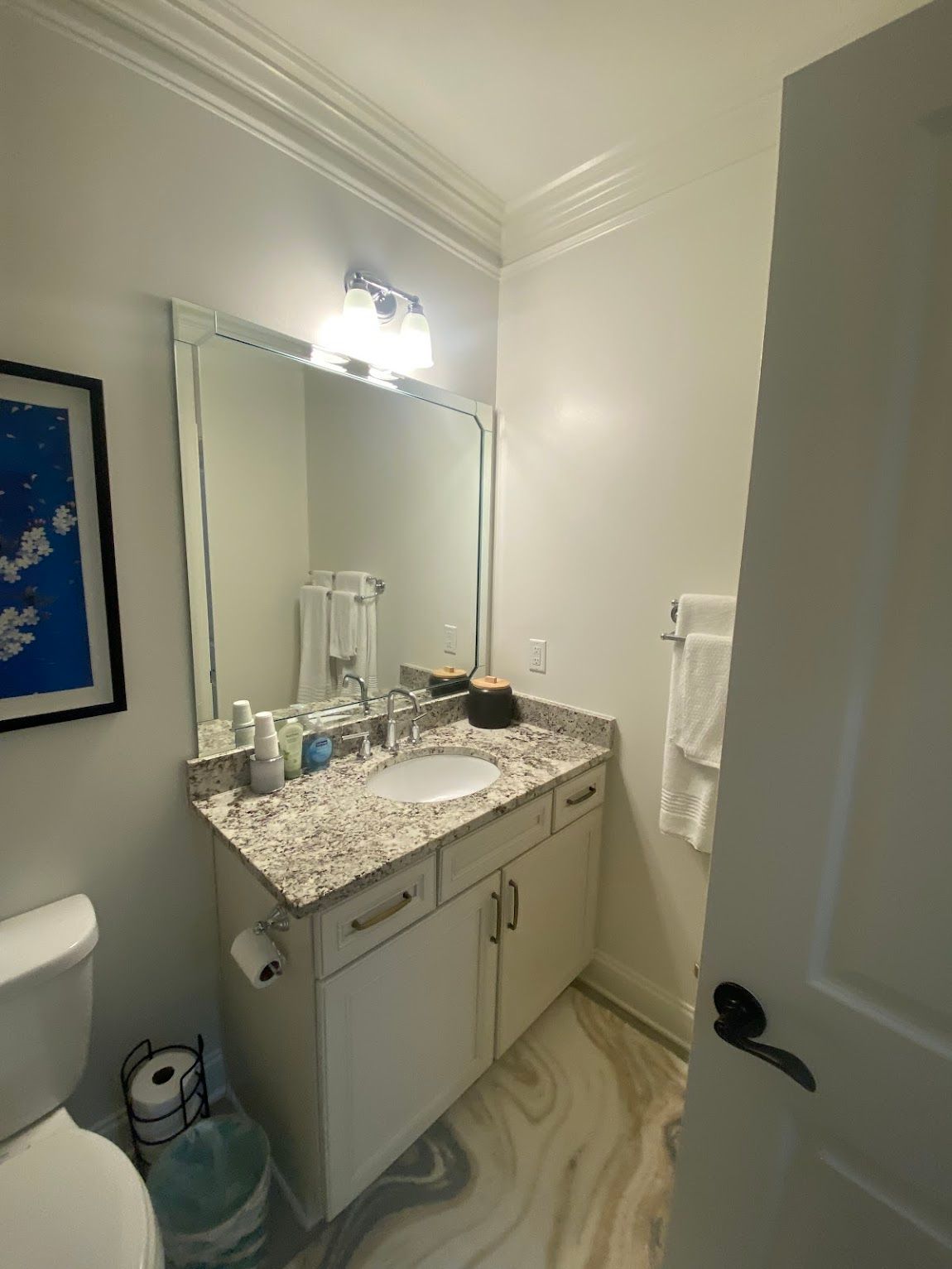 Small bathroom with white vanity, large mirror, and granite countertop. Toilet and artwork on the wall.