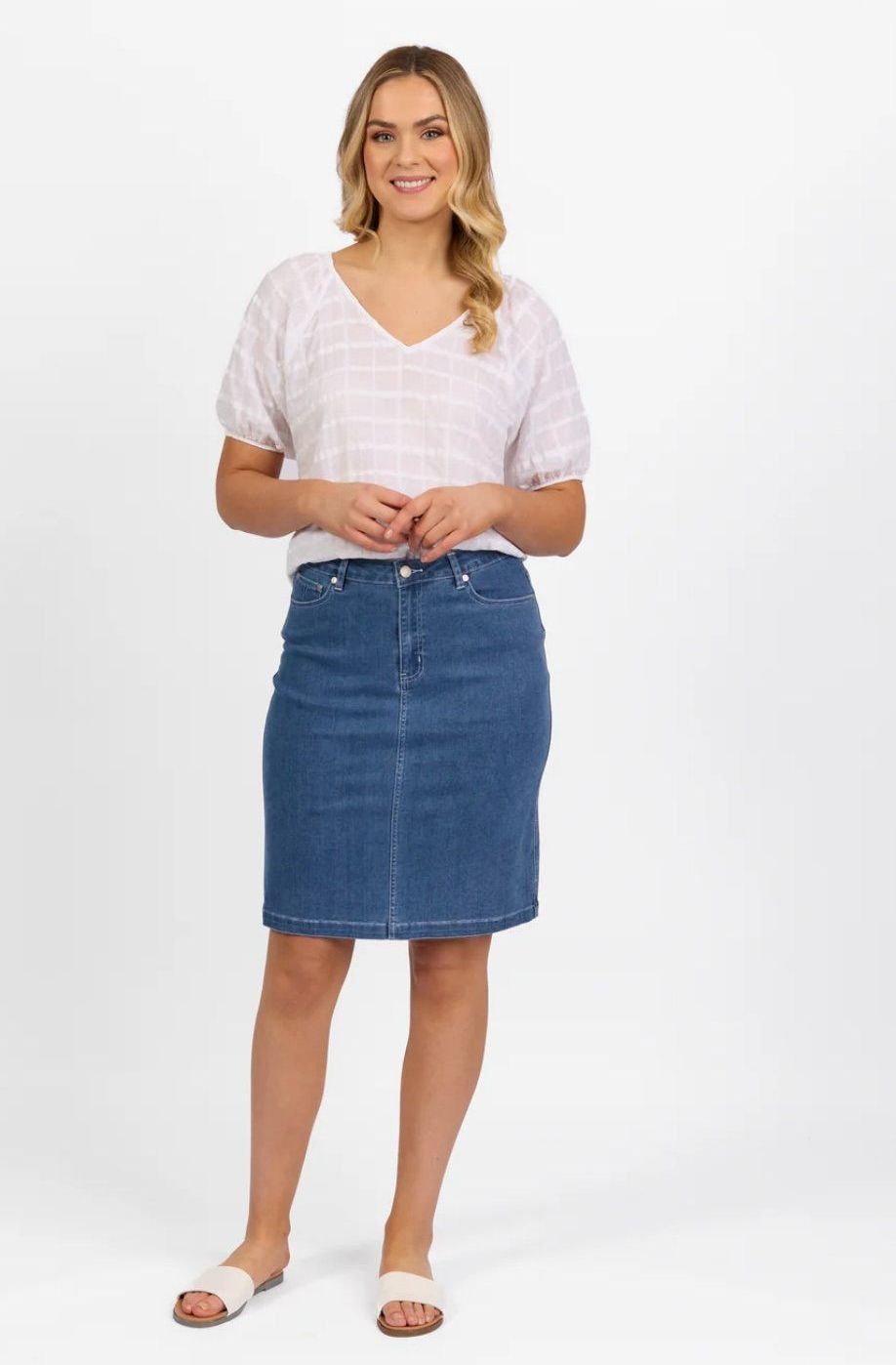 Woman Wearing Stylish Denim Skirt — Boutique in Sippy Downs, QLD