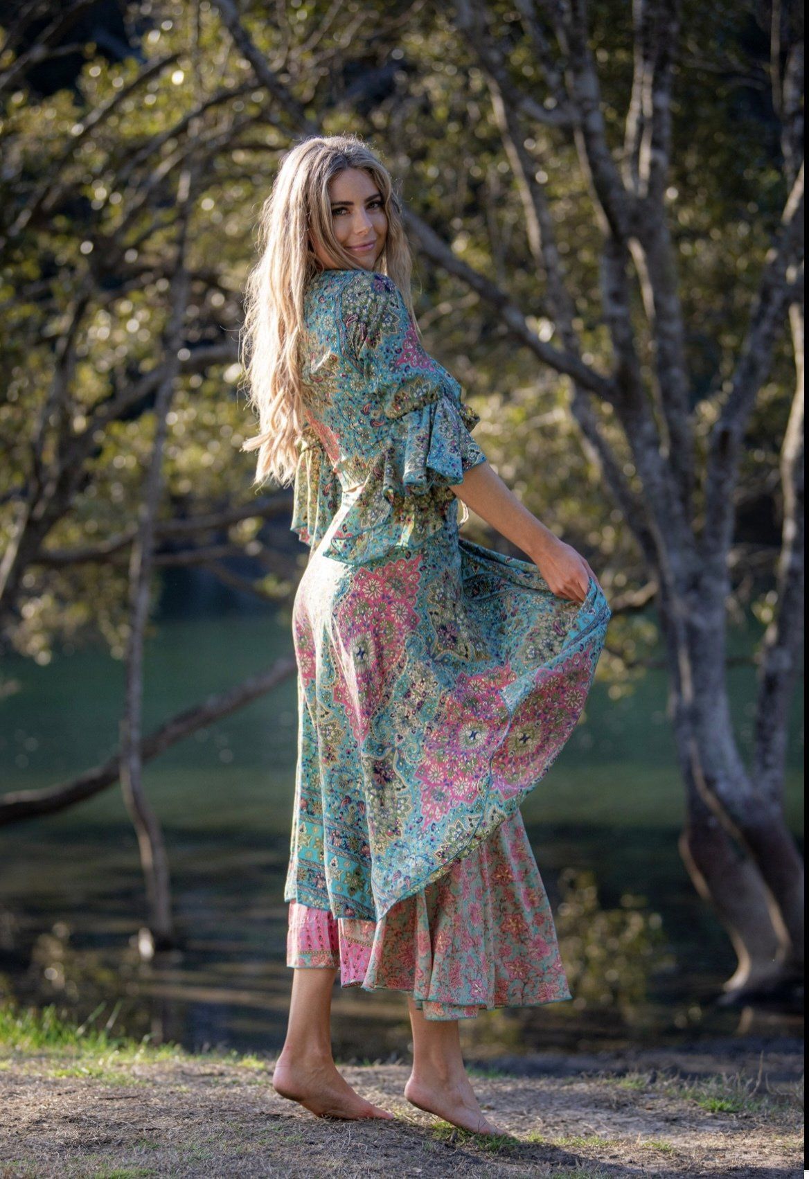 Pink and Aqua Dress with Blonde Model in Straw Hat  — Fashion Dresses in Sunshine Coast, QLD