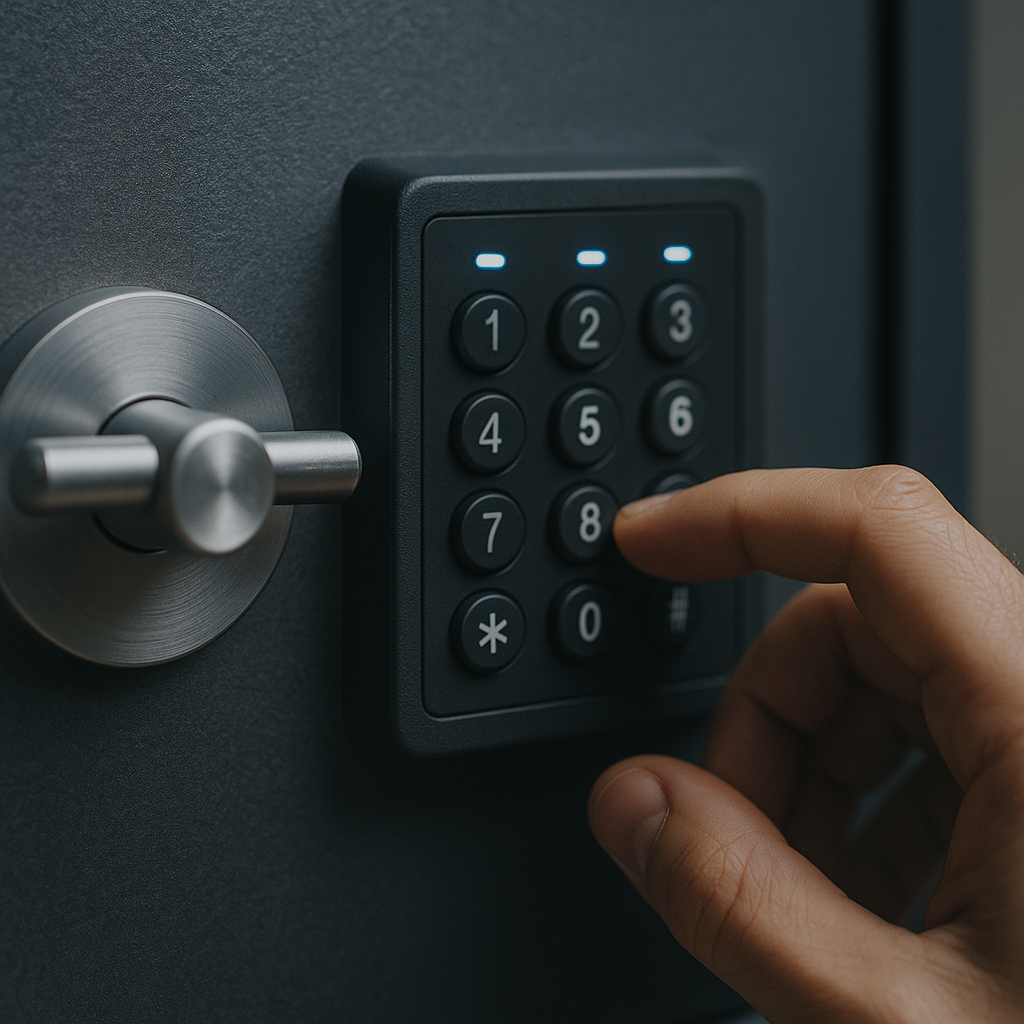 Hand entering a code on a keypad of a closed, dark gray safe. The door handle is visible on the left.
