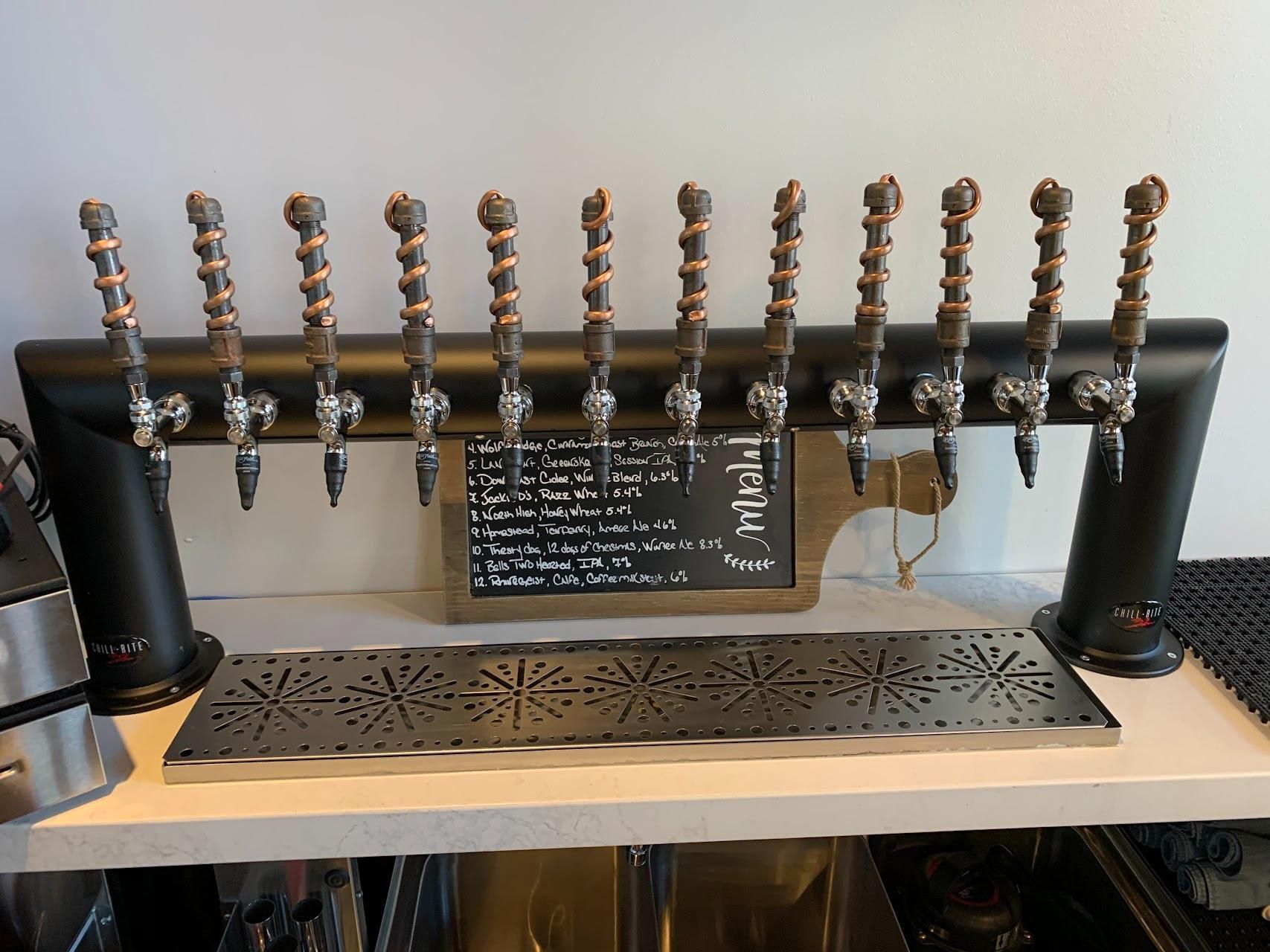 A row of beer taps sitting on top of a counter.