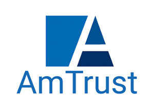 A blue and white logo for am trust