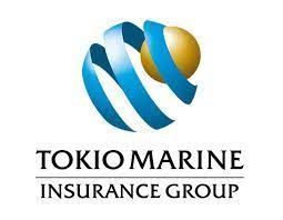 The tokio marine insurance group logo is a blue and white ribbon with a gold ball in the middle.