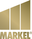 A gold logo for a company called markel on a white background.