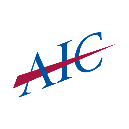 A blue and red aic logo on a white background