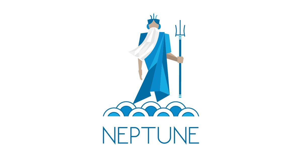 The logo for neptune shows a man in a blue robe holding a trident.