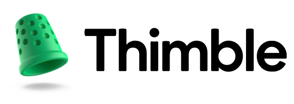 A green thimble and the word thimble on a white background